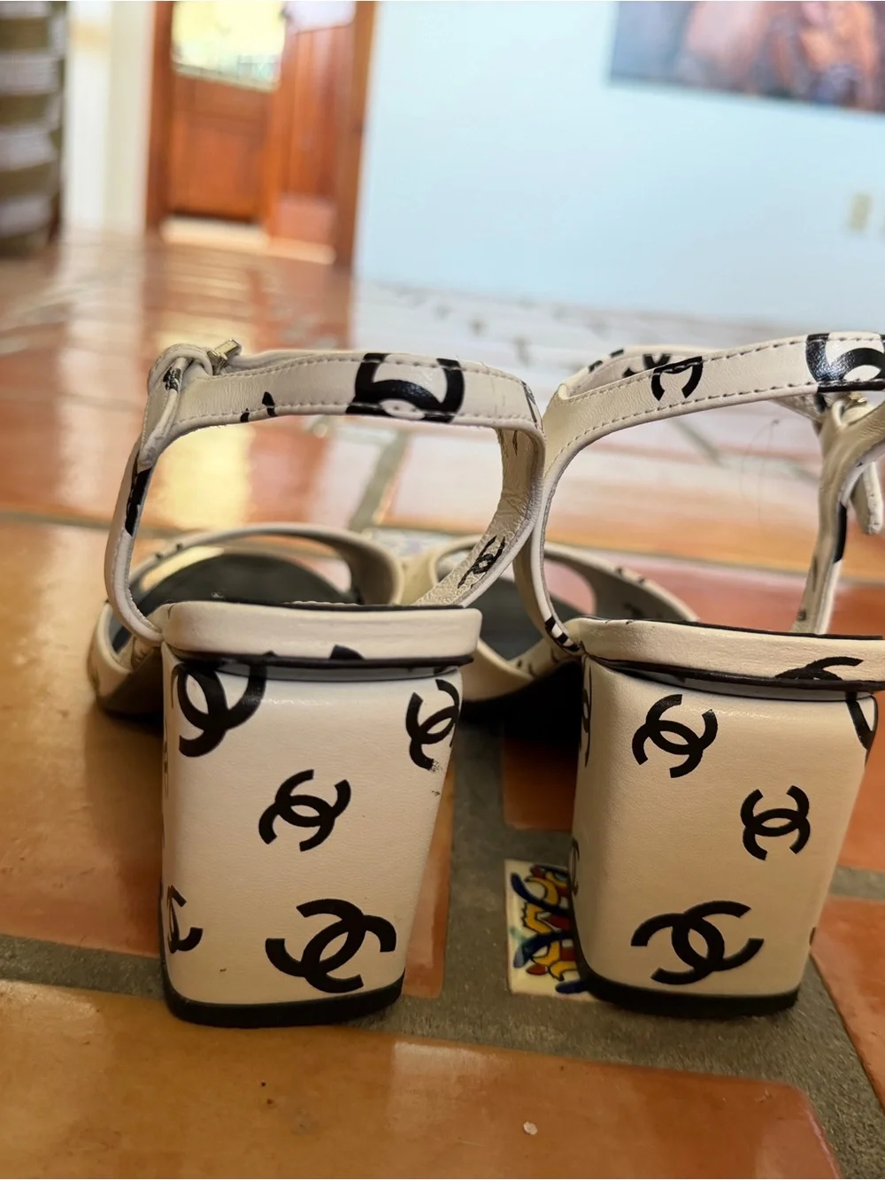 Coco Chanel White Logo Print Block Heel Sandals - Women